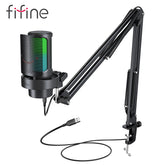 FIFINE USB Microphone Kit with Boom Arm and Pop Filter for Recording and Streaming on PC/Mac,Quick Mute&Headphone jack-A8T