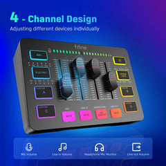 FIFINE Gaming Audio Mixer,Streaming 4-Channel RGB Mixer with XLR Microphone Interface,for Game Voice,Podcast,AmpliGame SC3