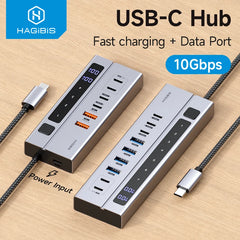 Hagibis USB C HUB Type-C Docking Station Individual On/Off Switches With LED Display 10Gbps USB C Splitter for Macbook Pro Air