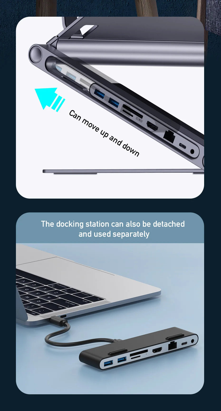 Hagibis Laptop Stand for Desk Ergonomic Aluminum Notebook Riser Adjustable Height Laptop Mount Holder with Hub Docking Station - Intechlegent