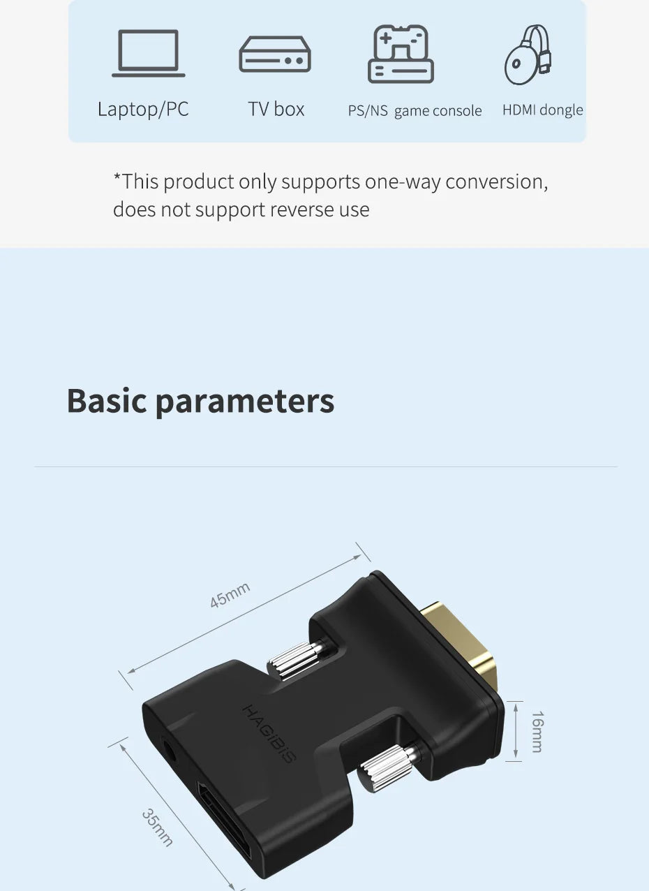 Hagibis HDMI-compatible to VGA Adapter with Audio Port Female Video Converter 3.5mm for PS4 Laptop PC TV Box Monitor Projector - Intechlegent