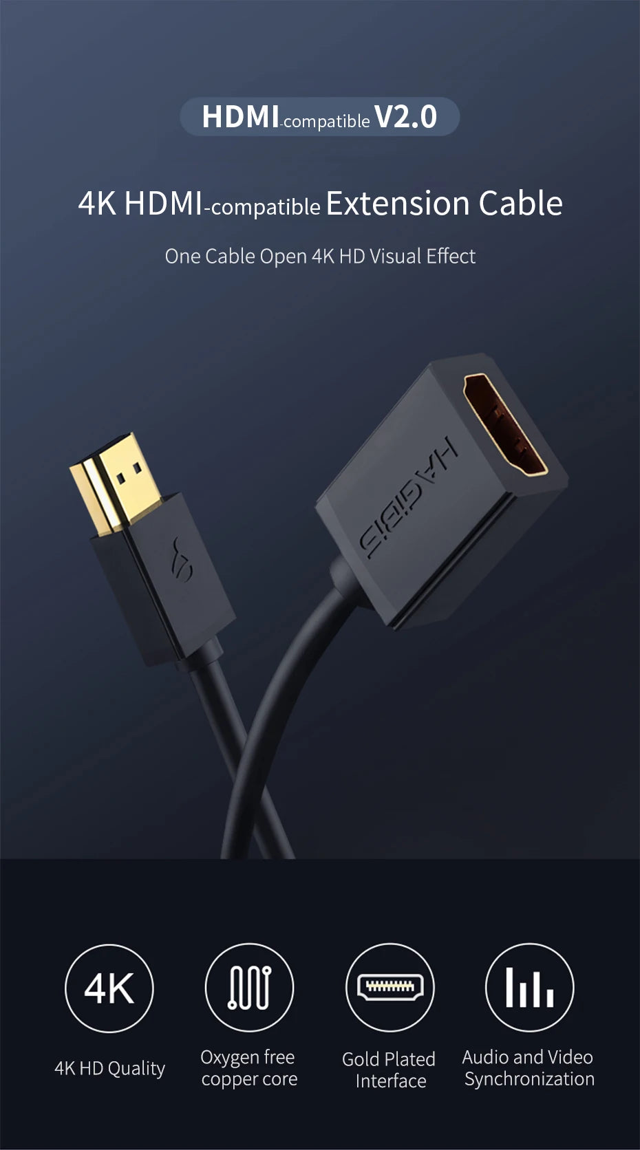 Hagibis HDMI-compatible Extension Cable 4K HDMI-compatible 2.0 male to female extender for Computer/HDTV/Laptop/Projector/PS3/4 - Intechlegent