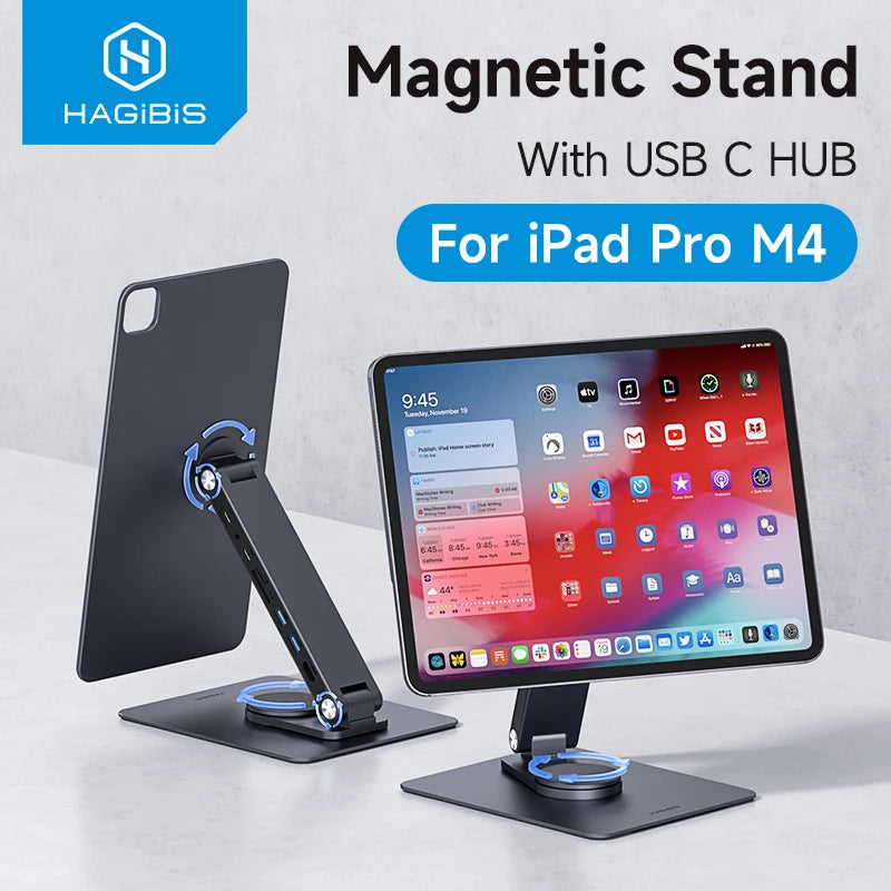 Hagibis Magnetic Stand for iPad Pro M4 2024 11inch 13inch with Hub Tablet Docking Station 360° Adjustable Mount Foldable Holder - Intechlegent