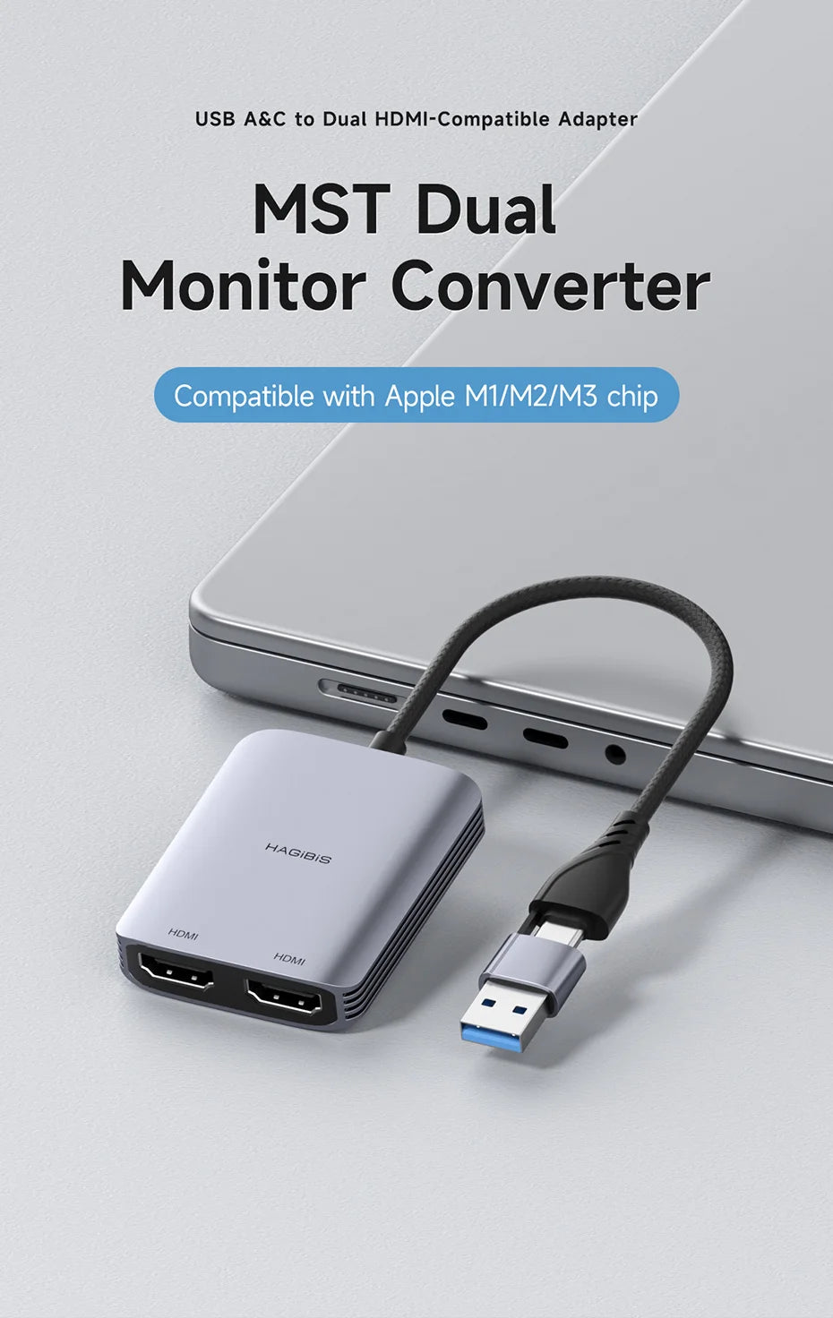Hagibis USB-A/C to HDMI-Compatible Adapter MST Dual Monitor Converter Triple Display Compatible with M1/M2/M3 Windows Mac Laptop