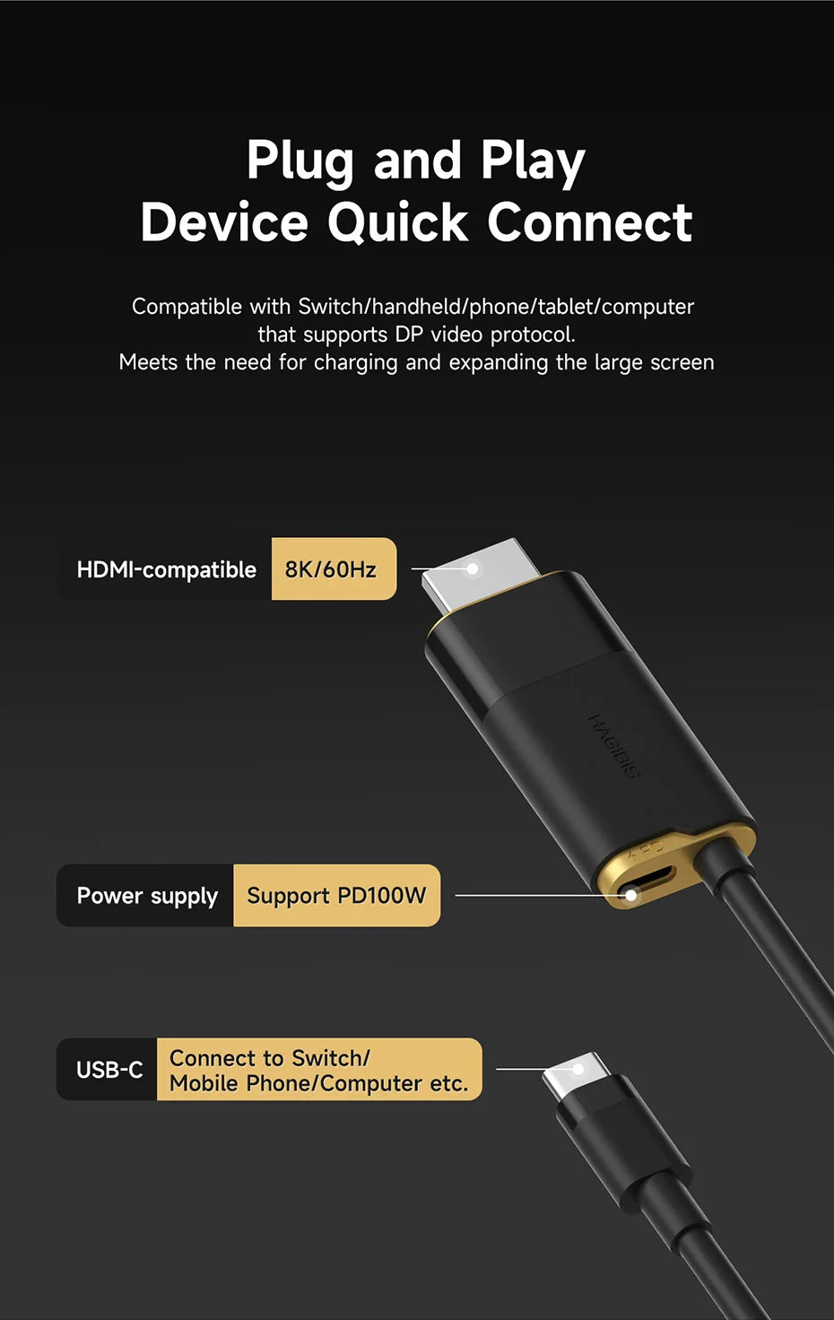Hagibis Switch Dock for Nintendo Switch/OLED USB C to HDMI-Compatible Cable Adapter 8K60Hz 100W PD for Laptop SteamDeck ROG Ally