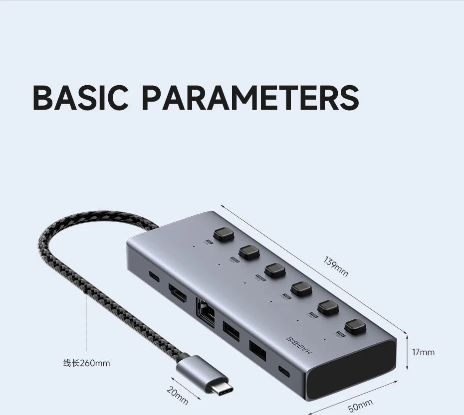 Hagibis USB C HUB Type-C Individual On/Off Switches Docking Station with 100W PD 4K HDMI-Compatible RJ45 for Laptops Macbook Pro