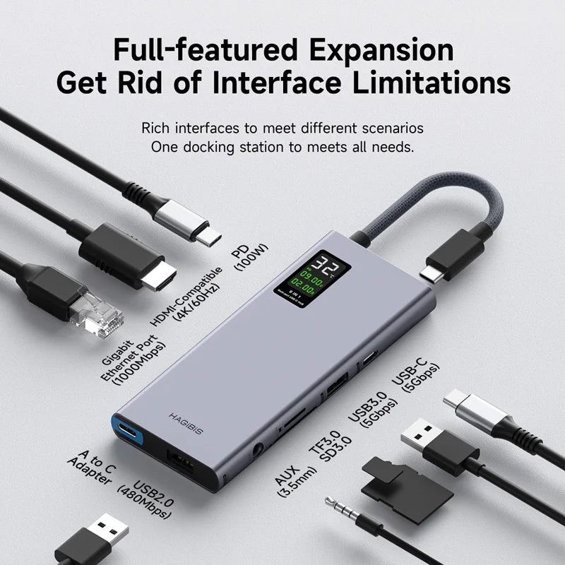 Hagibis USB C Hub With LCD Display Type C Multiport Adapter 4K HDMI-Compatible 100W PD Gigabit Ethernet For Macbook Pro iPad HP - Intechlegent
