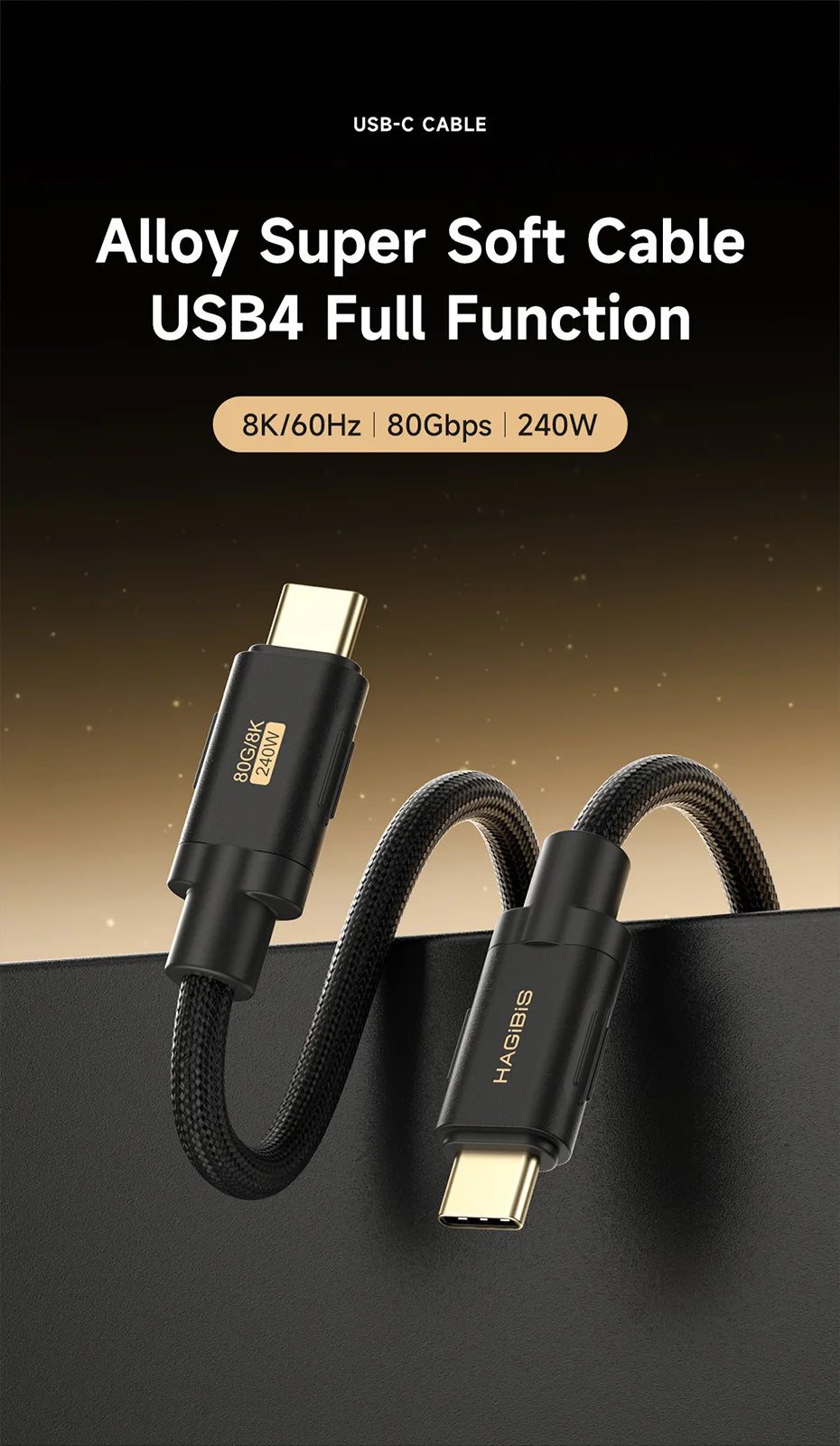 Hagibis USB C to USB C Cable 240W PD3.1 USB4 80Gbps 8K@60Hz Soft Fast Charging Cord for Macbook Pro iPad iPhone Laptop Dell XPS