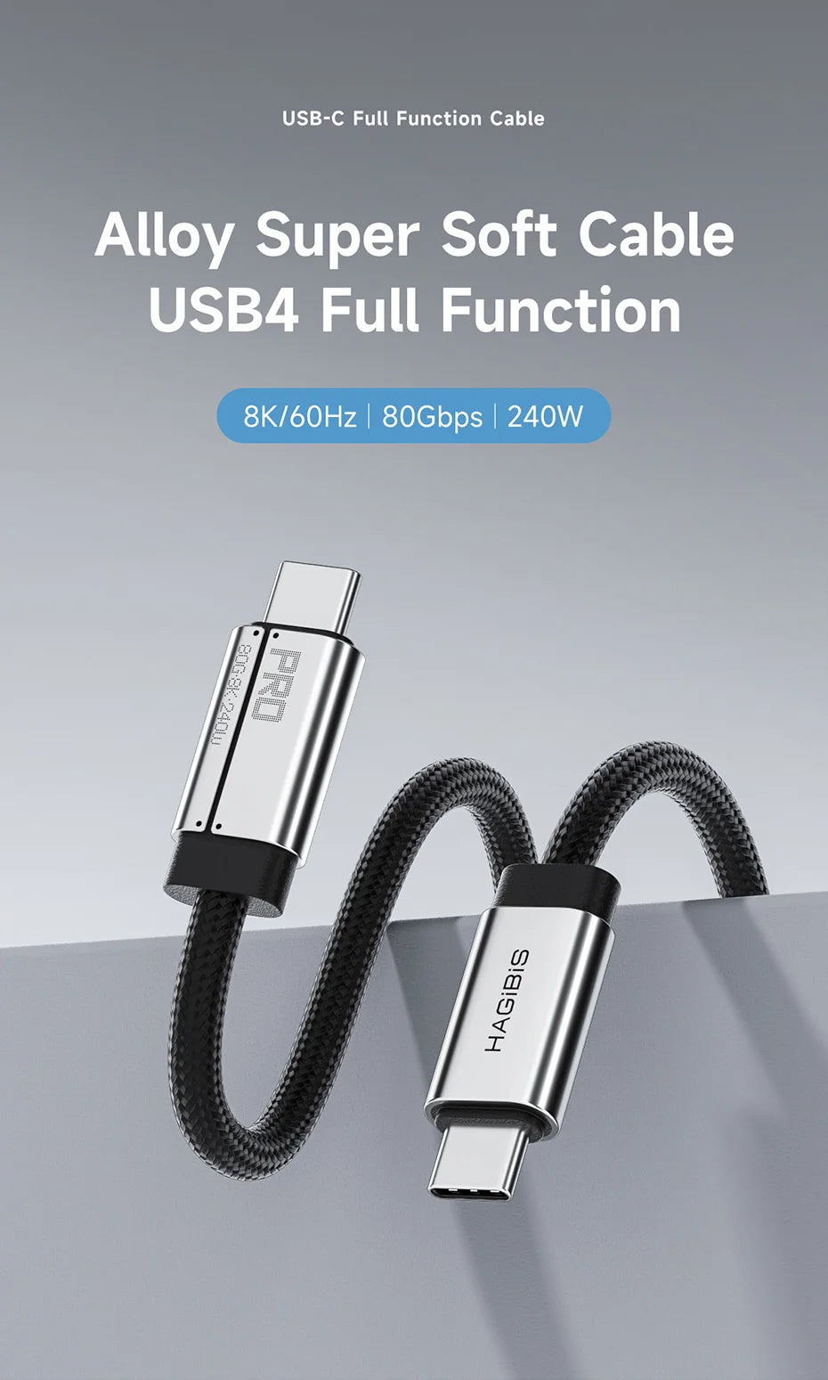 Hagibis USB C to USB C Full Function Cable Super Soft USB4 80Gbps 8K 240W Fast Charging Cord for Thunderbolt 4/5 iPhone Laptop - Intechlegent