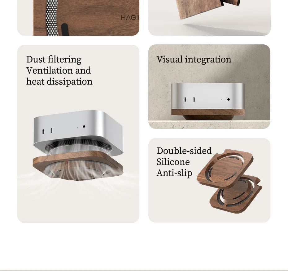 Hagibis Desktop Stand for Mac mini M4/M4 Pro 2024 Dustproof Walnut Wood Base Heat Dissipation Holder Solid Wood Bracket Cooling