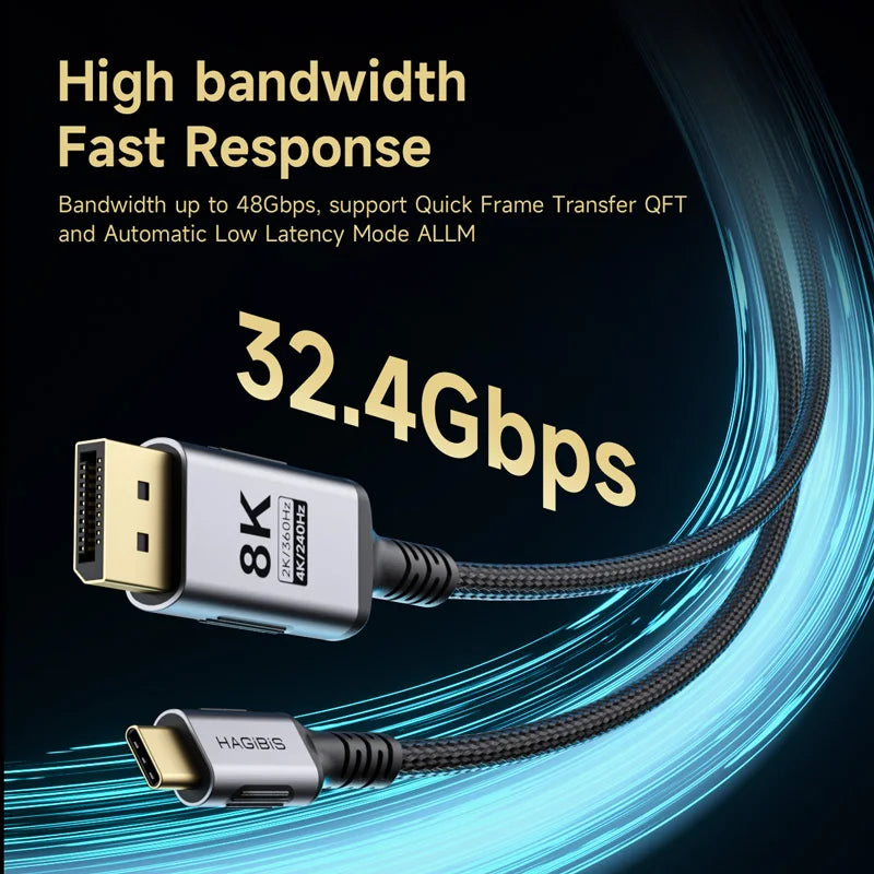 Hagibis 8K USB C to DisplayPort 1.4 Cable Super Soft Bi-directional Type-c to DP Cable High Refresh Rate 2K165Hz 4K144Hz 240Hz