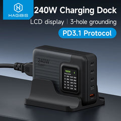 Hagibis 240W USB C Charger 5 Ports GaN 140W PD3.1 Fast Charger Desktop Charging Station with LCD Display For MacBook Pro Laptops