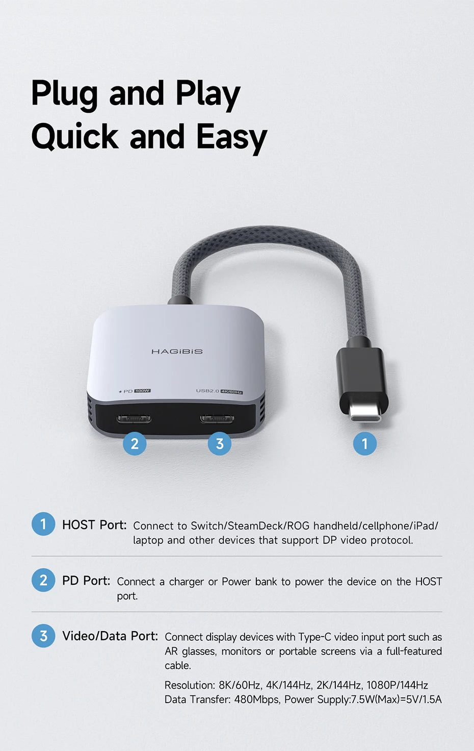 Hagibis AR Glasses Adapter USB C to Glasses and Charging Converter USB-C Hub Charge and Play For Switch Rokid/Xreal/RayNeo Air