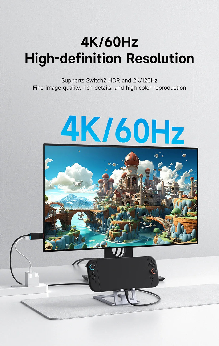 Hagibis Switch 2 Dock for Nintendo Switch/Switch2/OLED 4K@60Hz USB C to HDMI Cable Adapter 100W PD Power Supply for Laptops ROG
