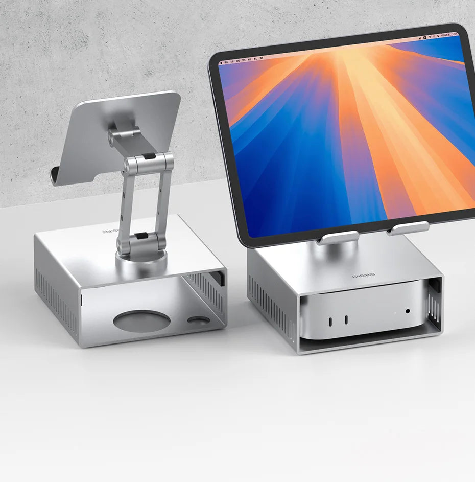 Hagibis Desktop Stand for iPad Pro/Air Mac mini M4/M4 Pro Storage Metal Holder 360° Adjustable Foldable Multifunction Bracket