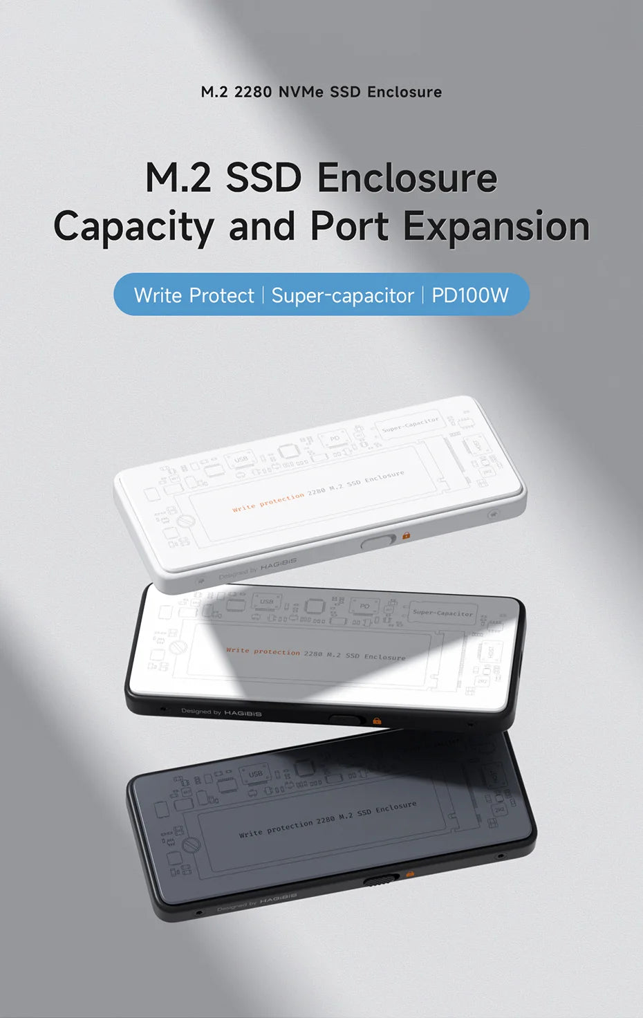 Hagibis M.2 NVMe SSD Enclosure Write Protect USB C 3.2 Gen2 to NVMe PCI-E M.2 SSD Case With 100W PD for iPhone 16 15 Pro MacBook - Intechlegent