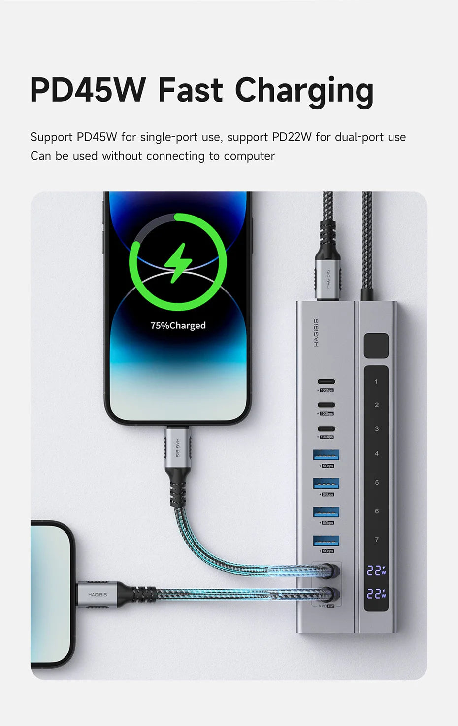 Hagibis USB C HUB Type-C Docking Station Individual On/Off Switches With LED Display 10Gbps USB C Splitter for Macbook Pro Air
