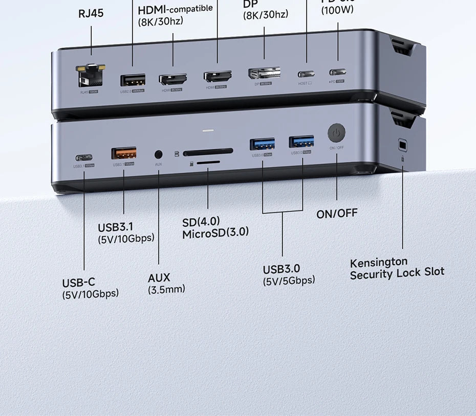 Hagibis USB C Docking Station Type C to 8K DP HDMI-Compatible Triple Display M.2 SSD PD3.0 RJ45 15 in 1 USB C HUB for PC Laptops