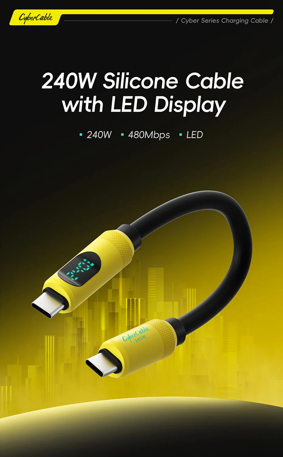 Hagibis Short USB C Cable with LED Display 0.25m Type C Fast Charger Cable PD 240W Charging Cord for iPhone 16 Pro Macbook Pixel - Intechlegent