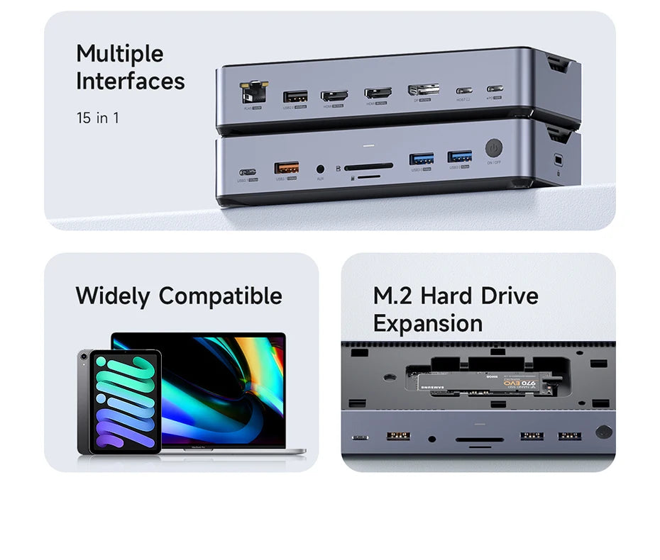 Hagibis USB C Docking Station Type C to 8K DP HDMI-Compatible Triple Display M.2 SSD PD3.0 RJ45 15 in 1 USB C HUB for PC Laptops