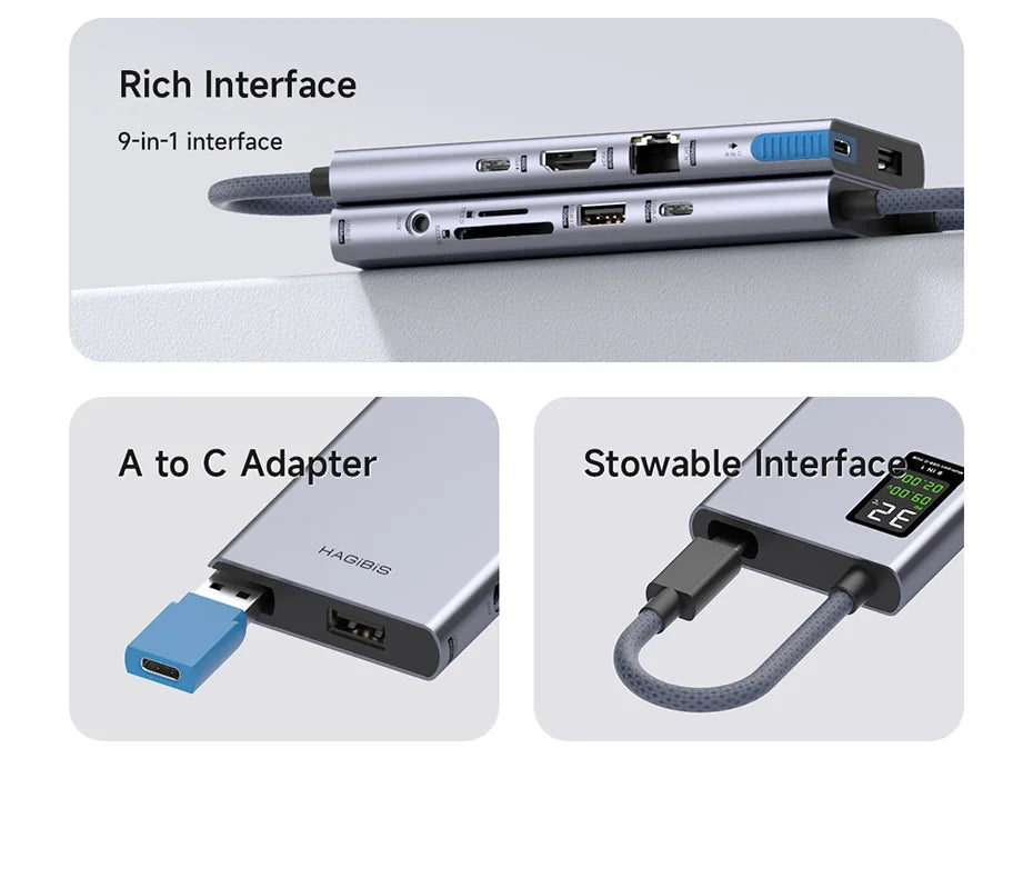 Hagibis USB C Hub With LCD Display Type C Multiport Adapter 4K HDMI-Compatible 100W PD Gigabit Ethernet For Macbook Pro iPad HP - Intechlegent