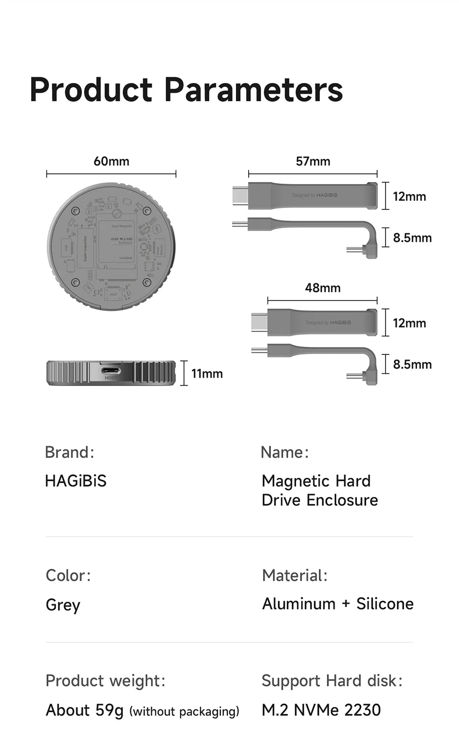 Hagibis Magnetic M.2 2230 NVMe SSD Enclosure USB C 3.2 Gen2 to NVMe PCI-E Magsafe SSD Case 100W PD for iPhone 16 ProRes MacBook