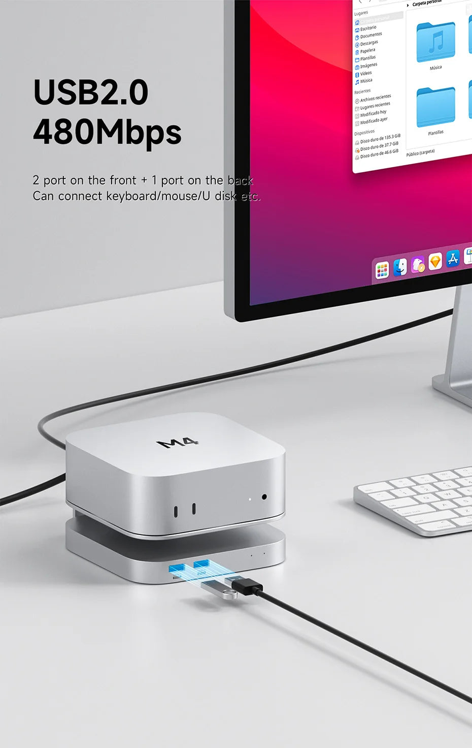 Hagibis USB C Hub with USB4 Hard Drive Enclosure 40Gbps M.2 NVMe SSD Case USB 2.0 for Mac mini M4/M4 Pro Stand Docking Station