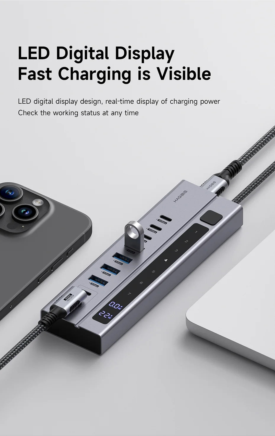 Hagibis USB C HUB Type-C Docking Station Individual On/Off Switches With LED Display 10Gbps USB C Splitter for Macbook Pro Air