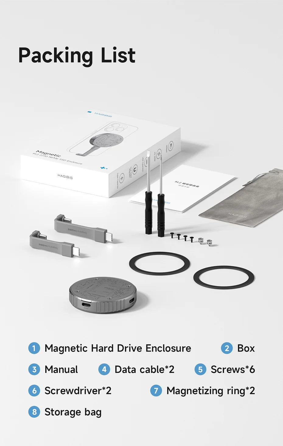 Hagibis Magnetic M.2 2230 NVMe SSD Enclosure USB C 3.2 Gen2 to NVMe PCI-E Magsafe SSD Case 100W PD for iPhone 16 ProRes MacBook