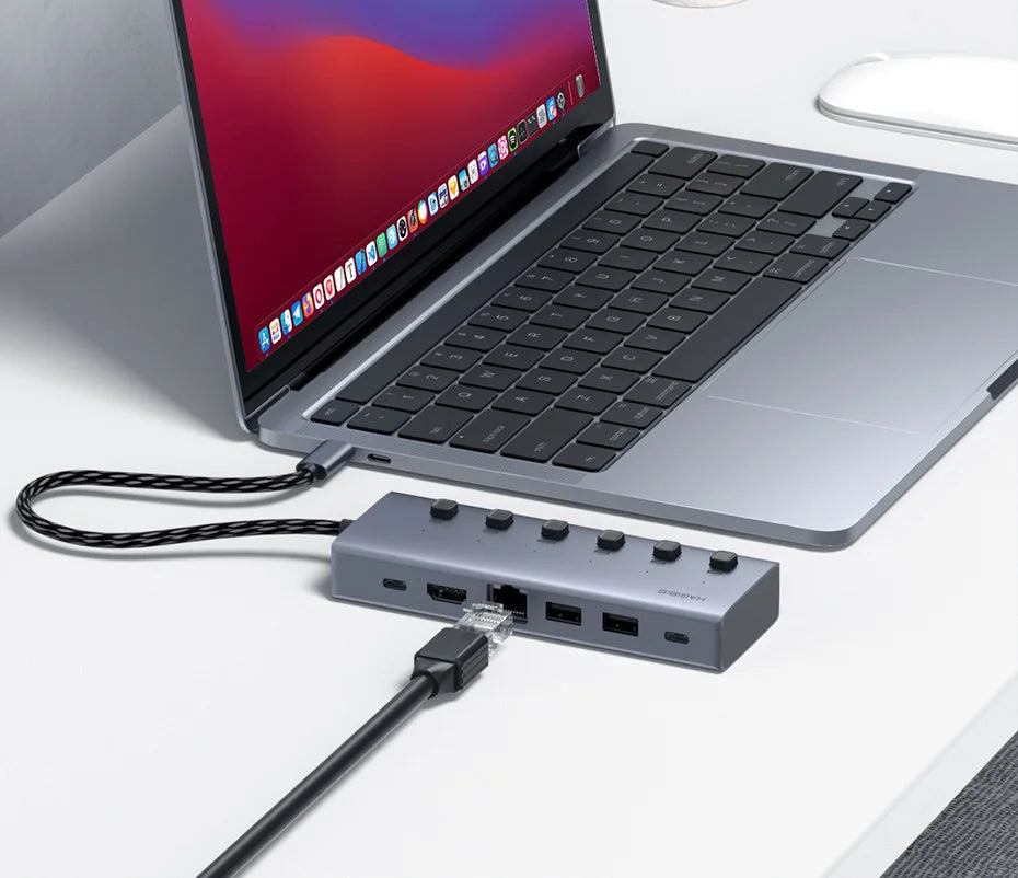 Hagibis USB C HUB Type-C Individual On/Off Switches Docking Station with 100W PD 4K HDMI-Compatible RJ45 for Laptops Macbook Pro