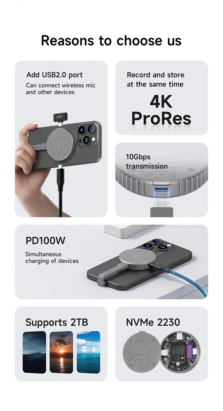 Hagibis Magnetic M.2 2230 NVMe SSD Enclosure USB C 3.2 Gen2 to NVMe PCI-E Magsafe SSD Case 100W PD for iPhone 16 ProRes MacBook