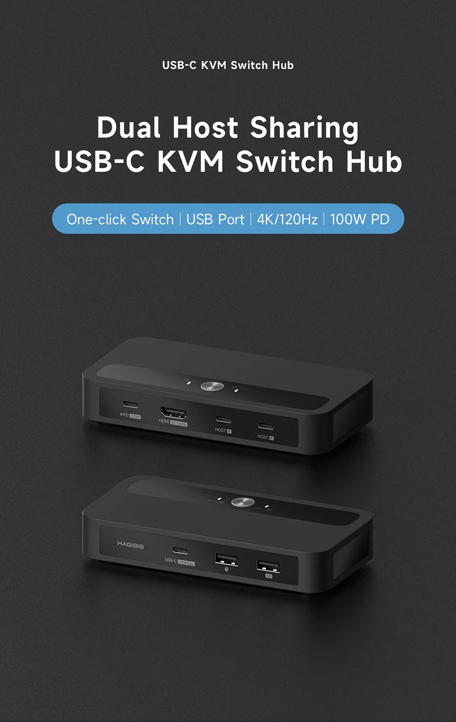 Hagibis USB C KVM Switch 1 Monitor 2 Computers 4K HDMI KVM Switches USB Hub PD for Sharing One Monitor Keyboard Mouse Printer