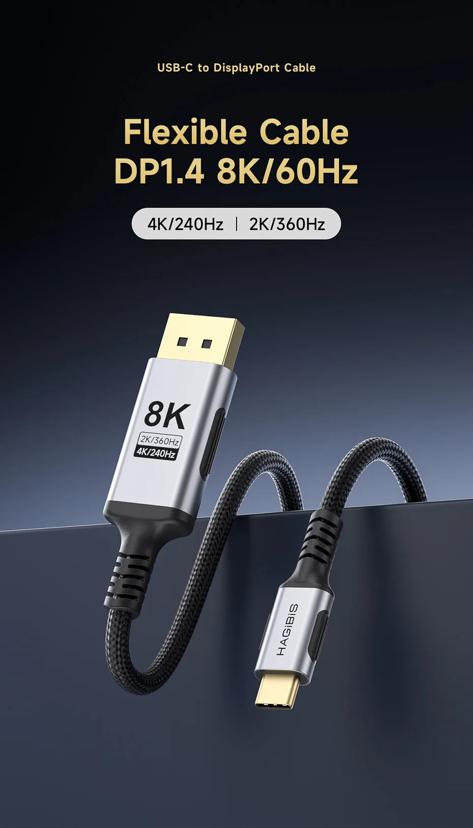 Hagibis 8K USB C to DisplayPort 1.4 Cable Super Soft Bi-directional Type-c to DP Cable High Refresh Rate 2K165Hz 4K144Hz 240Hz