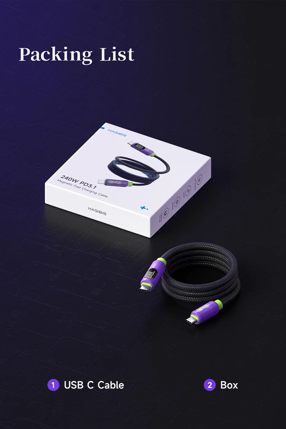 Hagibis Magnetic USB C to USB C Cable With LED Display USB C Charger Cable Type-c PD 240W Fast Charging Cord For iPhone 16/15 - Intechlegent