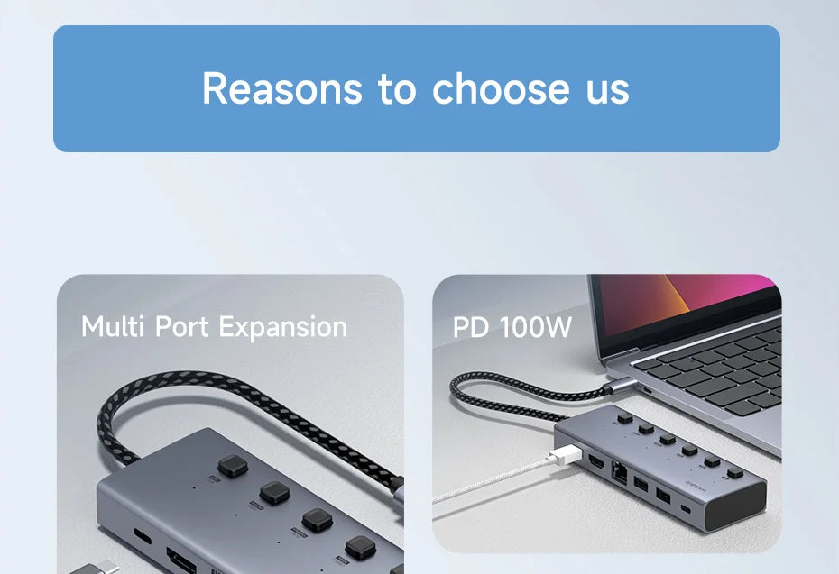 Hagibis USB C HUB Type-C Individual On/Off Switches Docking Station with 100W PD 4K HDMI-Compatible RJ45 for Laptops Macbook Pro