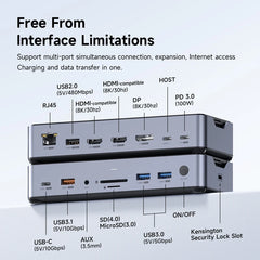 Hagibis USB C Docking Station Type C to 8K DP HDMI-Compatible Triple Display M.2 SSD PD3.0 RJ45 15 in 1 USB C HUB for PC Laptops