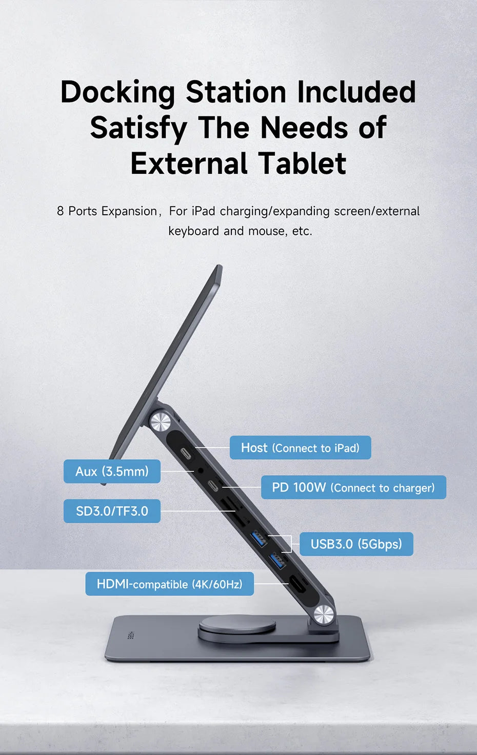Hagibis Magnetic Stand for iPad Pro M4 2024 11inch 13inch with Hub Tablet Docking Station 360° Adjustable Mount Foldable Holder - Intechlegent