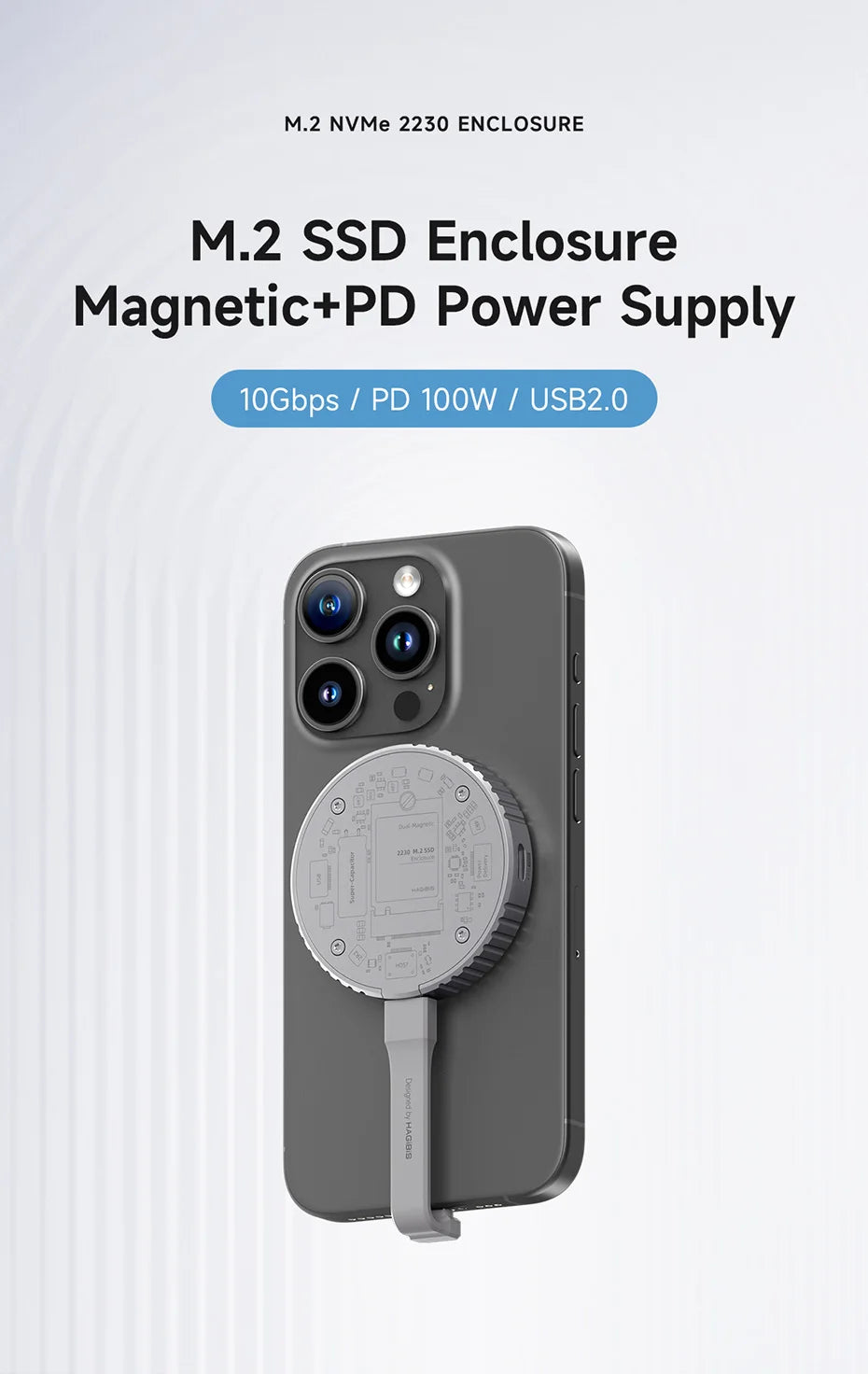 Hagibis Magnetic M.2 2230 NVMe SSD Enclosure USB C 3.2 Gen2 to NVMe PCI-E Magsafe SSD Case 100W PD for iPhone 16 ProRes MacBook
