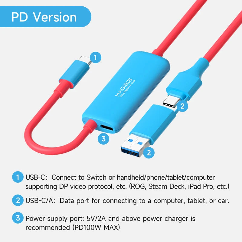 Hagibis USB3.0 Video Capture Card with 100W PD USB C to USB A/C Live and Record Video Audio Gaming for Quest 2 3 Switch 1/2 ROG