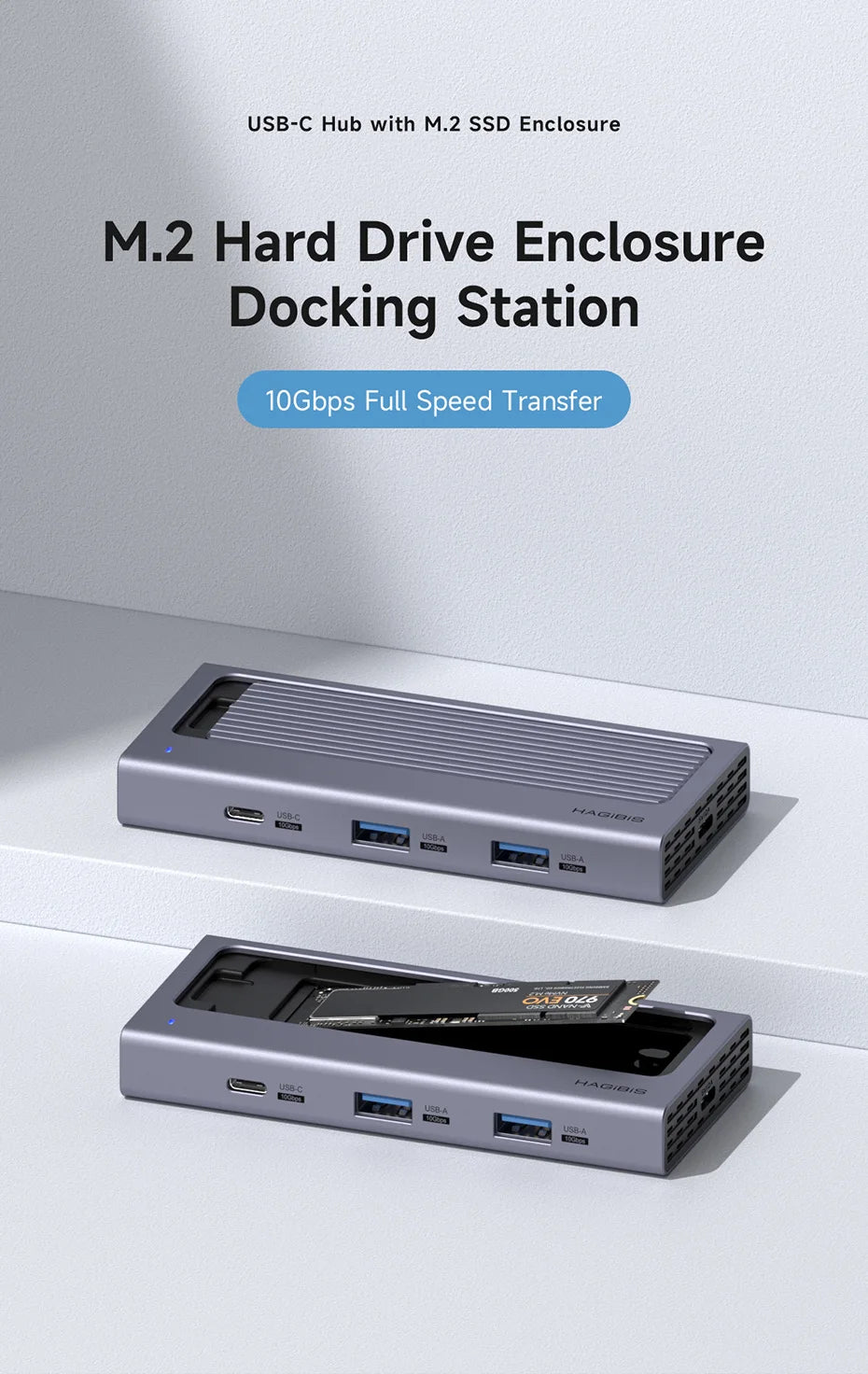 Hagibis M.2 SSD Enclosure with USB C Hub Magnetic Cover External Hard Drive Case Compatible with Thunderbolt 4/3 for MacBook PC