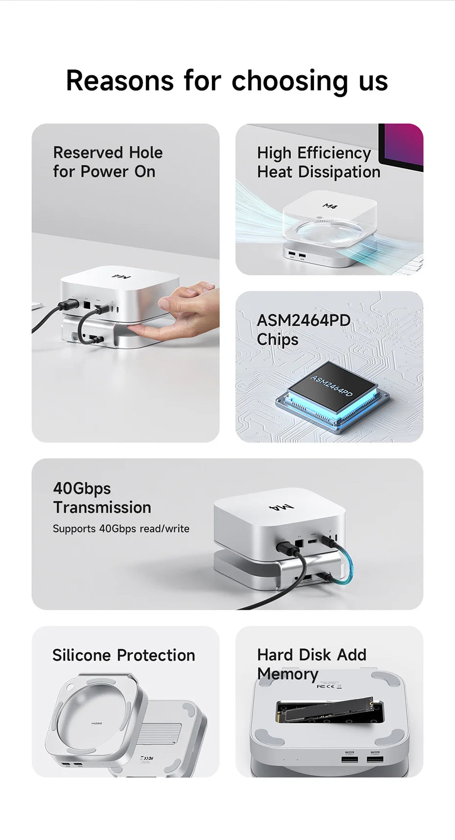 Hagibis USB C Hub with USB4 Hard Drive Enclosure 40Gbps M.2 NVMe SSD Case USB 2.0 for Mac mini M4/M4 Pro Stand Docking Station