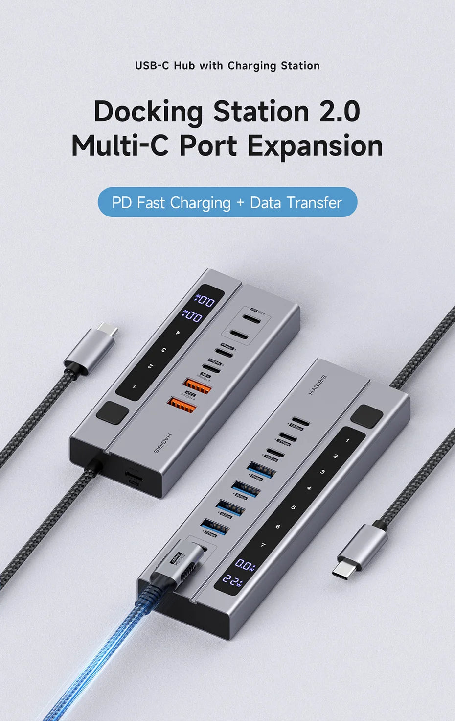 Hagibis USB C HUB Type-C Docking Station Individual On/Off Switches With LED Display 10Gbps USB C Splitter for Macbook Pro Air