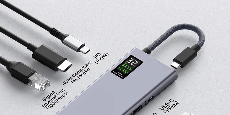 Hagibis USB C Hub With LCD Display Type C Multiport Adapter 4K HDMI-Compatible 100W PD Gigabit Ethernet For Macbook Pro iPad HP - Intechlegent