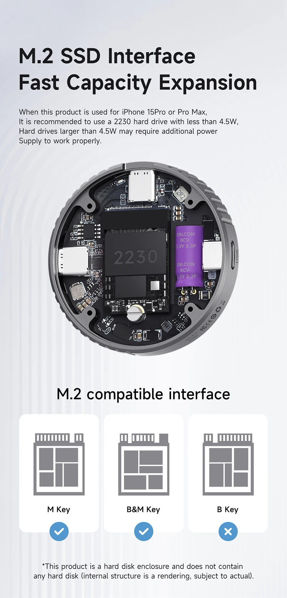 Hagibis Magnetic M.2 2230 NVMe SSD Enclosure USB C 3.2 Gen2 to NVMe PCI-E Magsafe SSD Case 100W PD for iPhone 16 ProRes MacBook