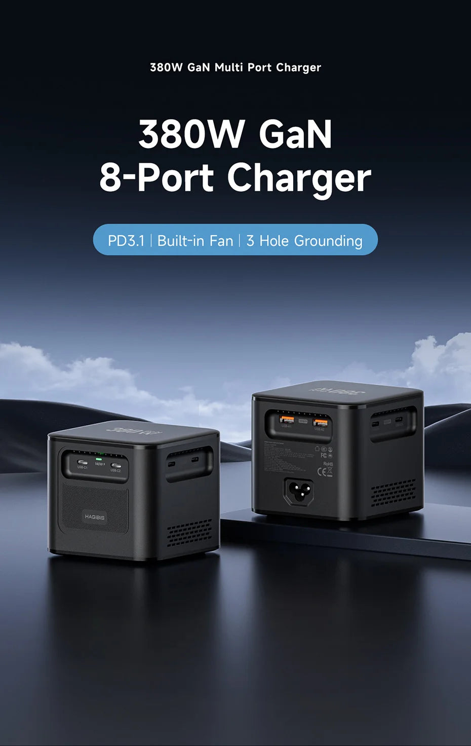 Hagibis 380W USB C Charger 8-Ports GaN Type C Charging Station PD 3.1 Dual 140W Fast Charger for MacBook iPhone Dell XPS Samsung