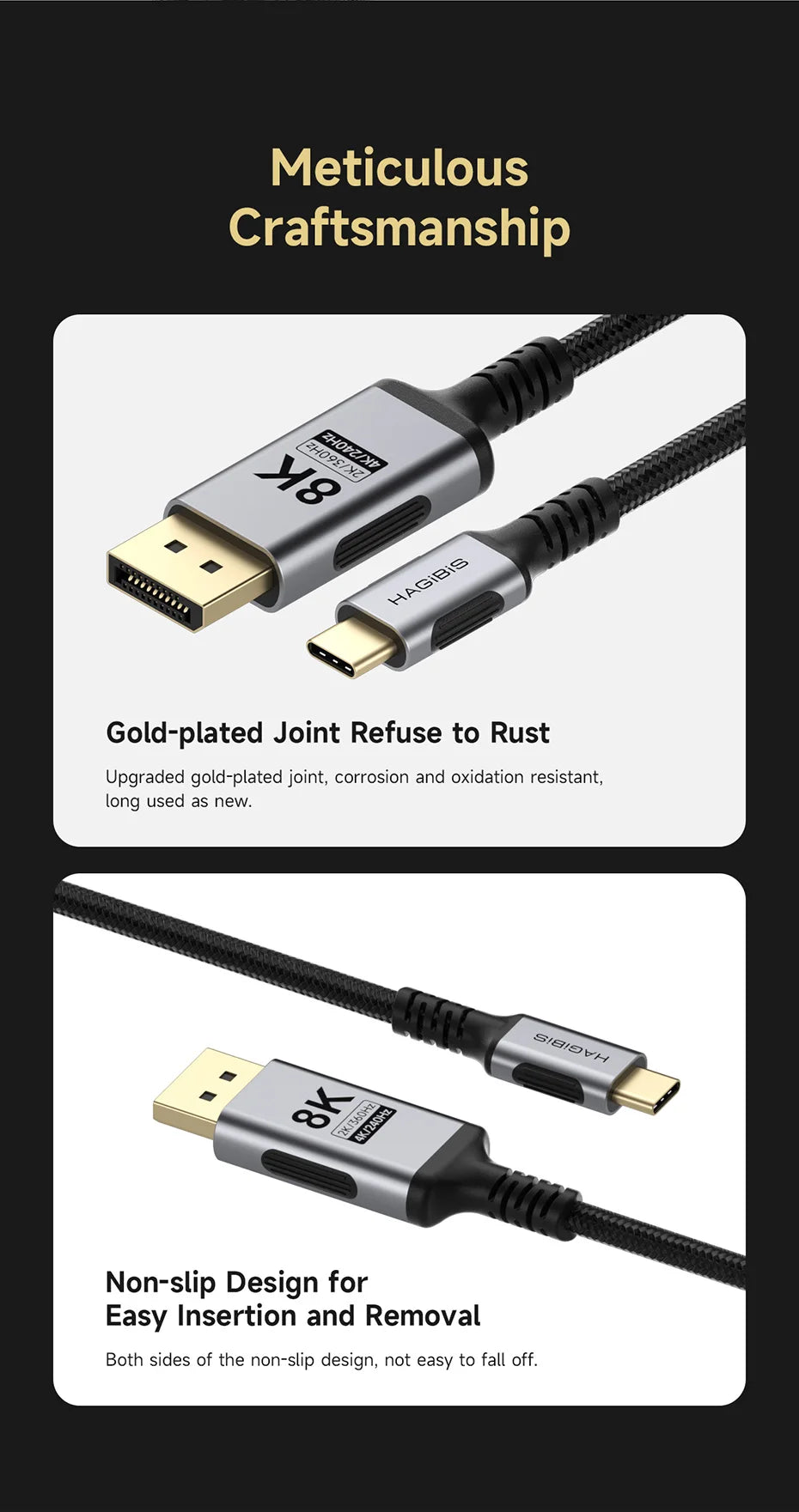 Hagibis 8K USB C to DisplayPort 1.4 Cable Super Soft Bi-directional Type-c to DP Cable High Refresh Rate 2K165Hz 4K144Hz 240Hz