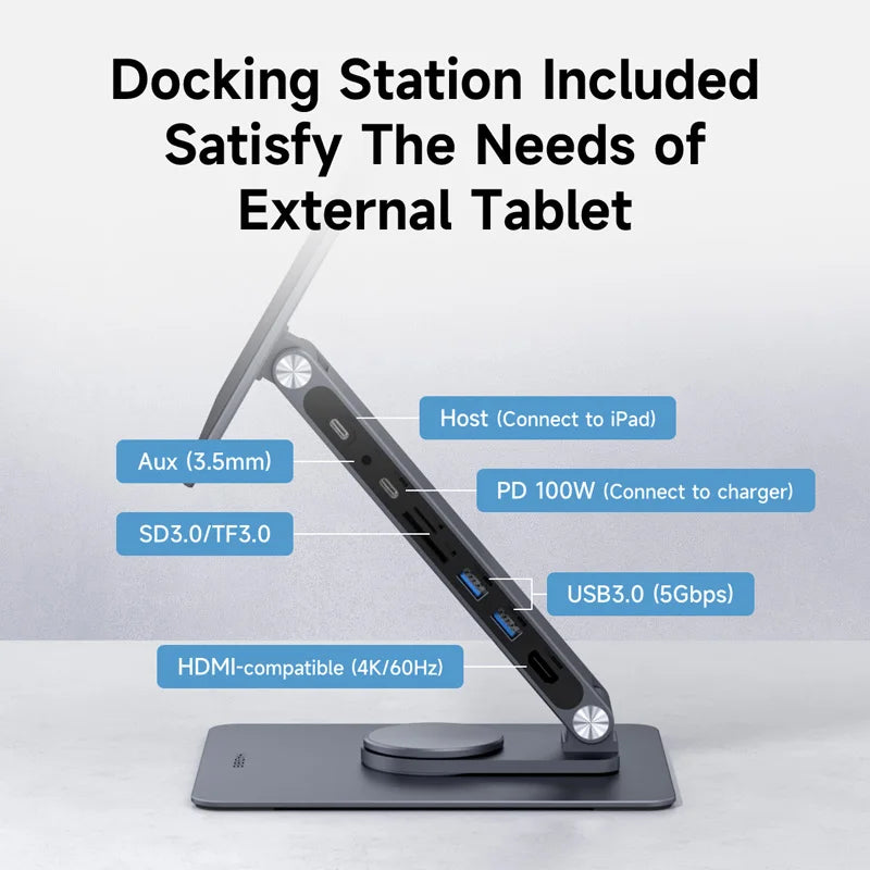 Hagibis Magnetic Stand for iPad Pro M4 2024 11inch 13inch with Hub Tablet Docking Station 360° Adjustable Mount Foldable Holder - Intechlegent
