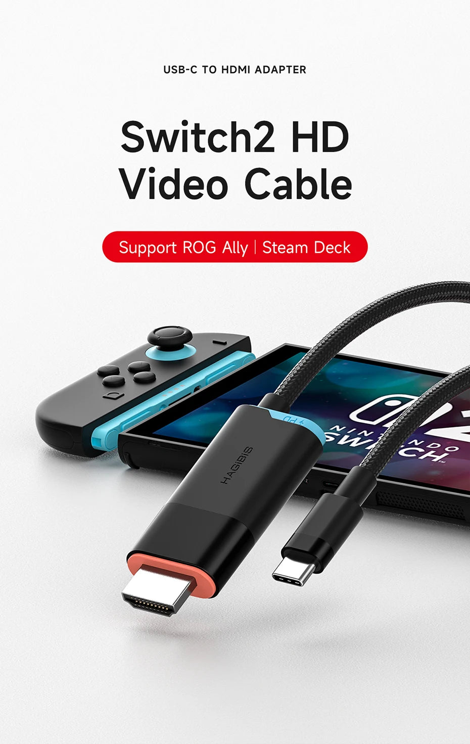 Hagibis Switch 2 Dock for Nintendo Switch/Switch2/OLED 4K@60Hz USB C to HDMI Cable Adapter 100W PD Power Supply for Laptops ROG