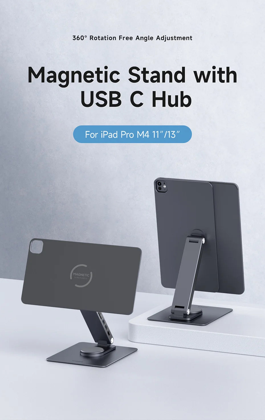 Hagibis Magnetic Stand for iPad Pro M4 2024 11inch 13inch with Hub Tablet Docking Station 360° Adjustable Mount Foldable Holder - Intechlegent