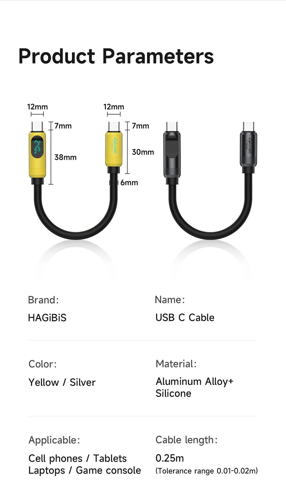 Hagibis Short USB C Cable with LED Display 0.25m Type C Fast Charger Cable PD 240W Charging Cord for iPhone 16 Pro Macbook Pixel - Intechlegent